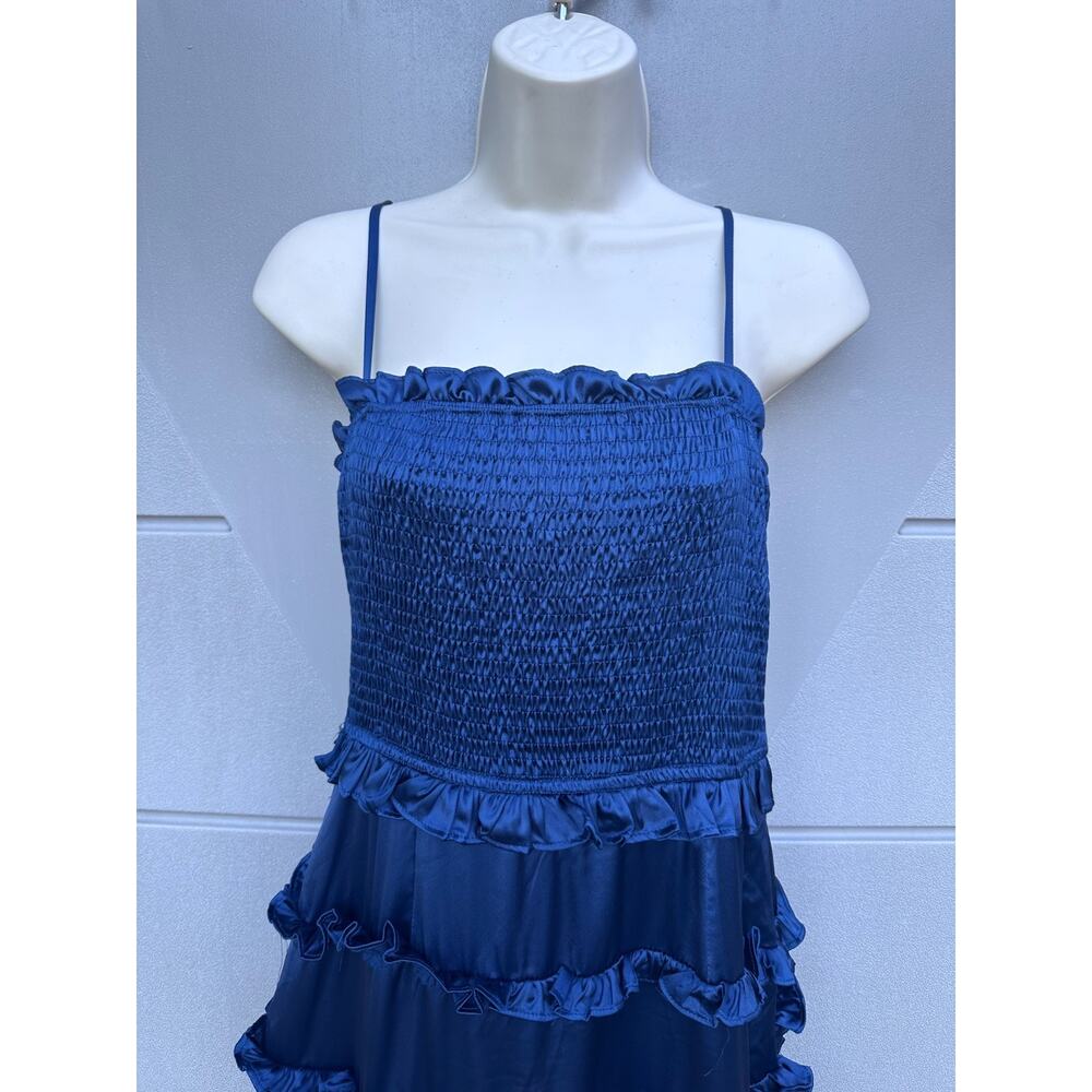 NWT Lulus Blue Satin Tiered Ruffle Smocked Maxi Dress Sz L Romantic Party Prom - Picture 6 of 14